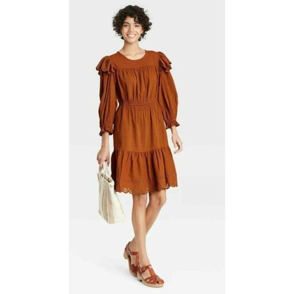Universal Thread Long Sleeve Dress Small Brown Women's Eyelet-Detail Ruffled NEW - Picture 11 of 13